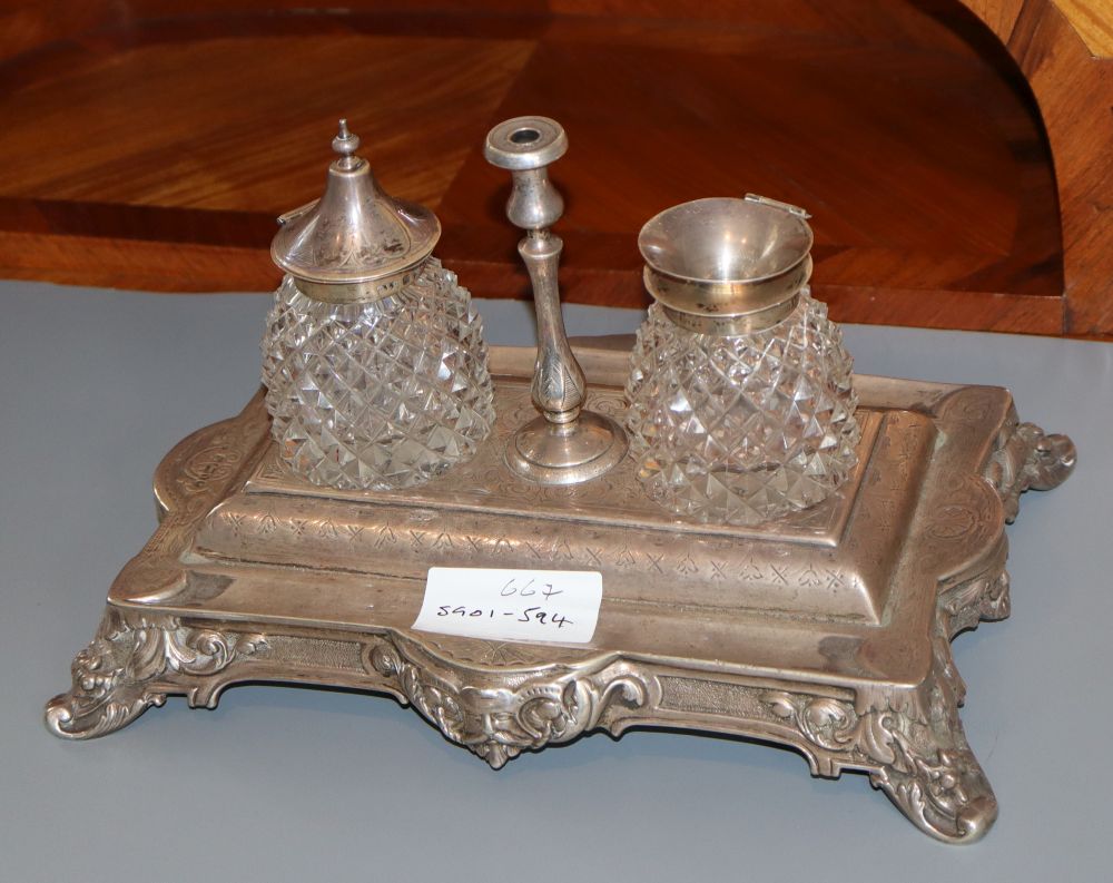 A Victorian silver rectangular inkstand, Roberts & Belk, Sheffield, 1866, 27cm, 33.5 oz.